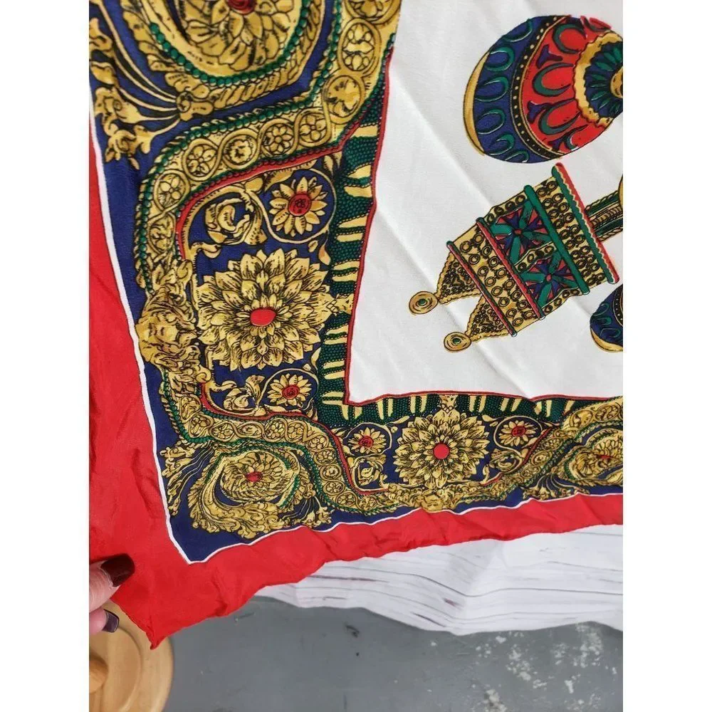 Vintage Red Gold Blue 100% Pure Silk Hand Rolled‎ From China Ladies Headscarf